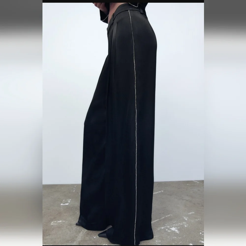 Zara Black Satin Effect Wide Rhinestone Pants Size XS